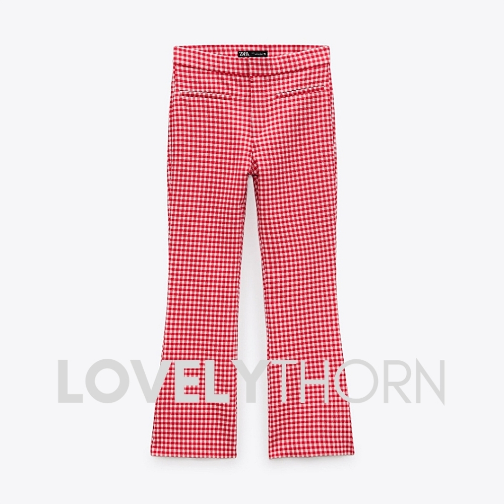 ZARA // red & white textured gingam hi waist crop mini flare pants - Picture 5 of 14